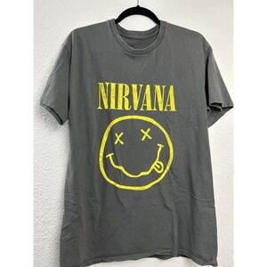 Nirvana Shirt Mens Size L Gray Brown‎ Smiley Face Grunge Kurt Cobain Rock Punk